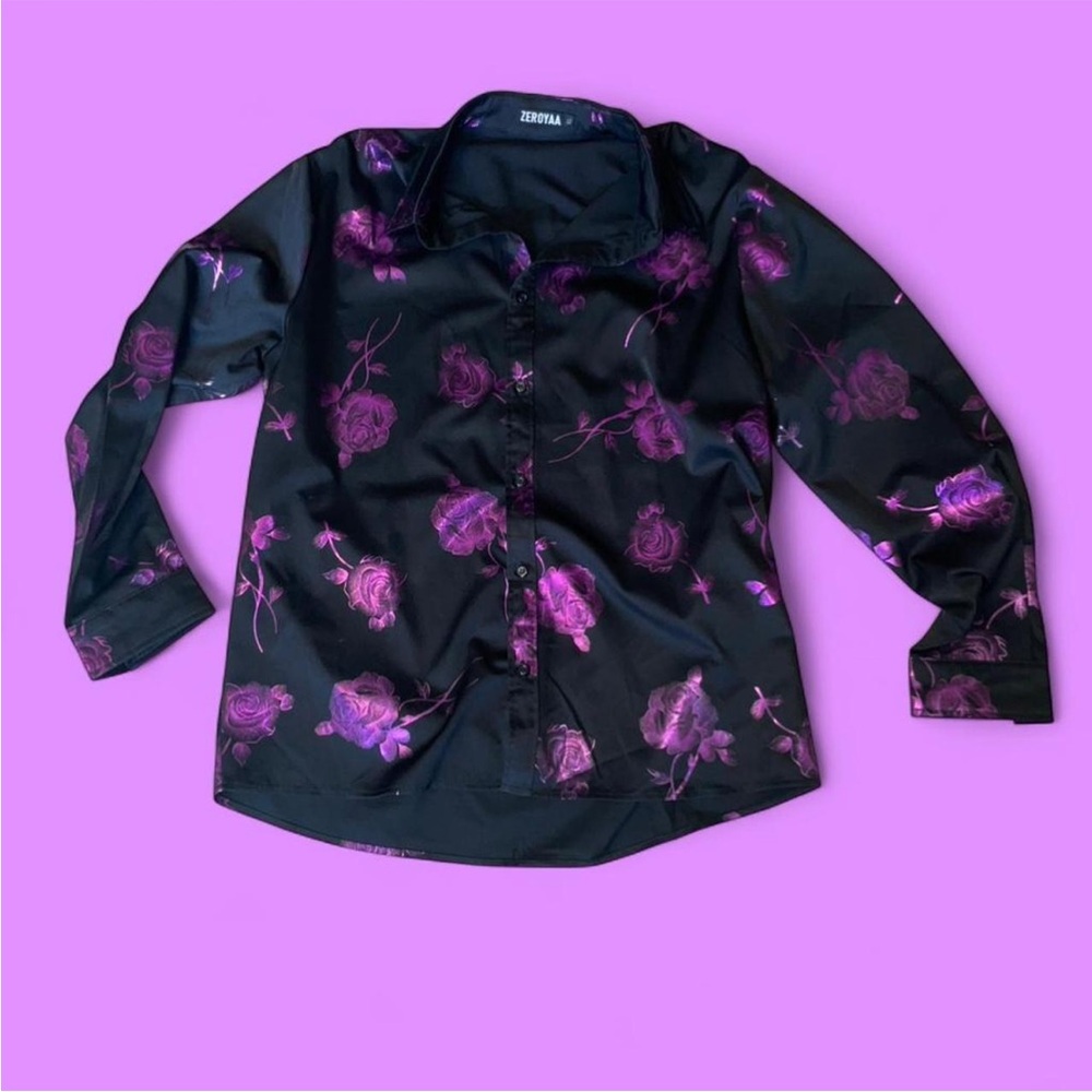 Zeroyaa Men's Black with Purple Metallic Rose Print Dress Shirt XL